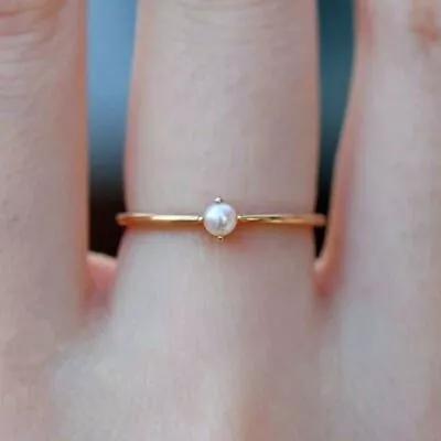 Mini Simulated Pearl Ring - Gold Color Thin Crown Rings Women Slim Wedding Bands • $10.67