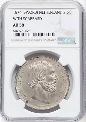 Netherlands William Iii  1874 2 1/2 Gulden Coin Almost Unc. Ngc Certified Au58 • $135