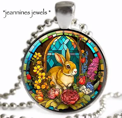 Faux Stained Glass Spring Bunny Rabbit Necklace Silver Pendant Easter Gift • $21.99