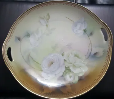 Vintage German Hand Painted Floral Open Handled 9 7/8  Cabinet Plate Eagle Mark • $29.99