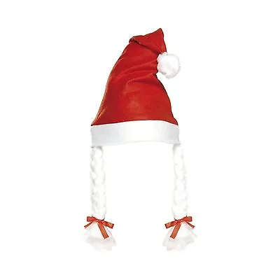 £3.99 • Buy Red Plush Fluffy Red Christmas Santa Hat With Hair Plaits & Bows Novelty Party