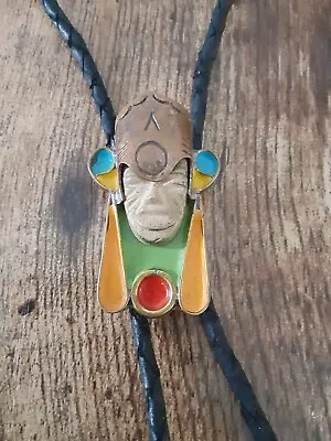 Vintage Copper Mayan Aztec Mexico Bolo Tie Hecho En Mexico Cobre Enameled Color • £19.26