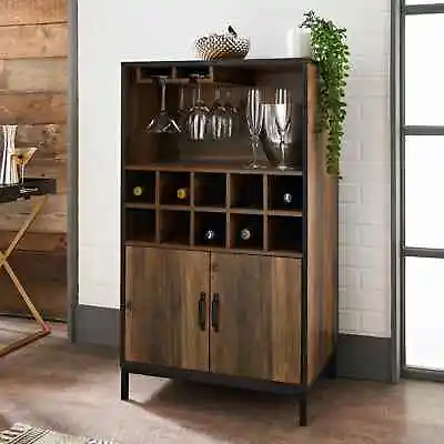 Wine Cabinet Drink Bottle Storage Unit Glass Door 10 Shelves 2 Doors Rustic Oak* • £149