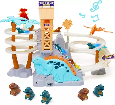 Roller Coaster Race Track Toy - Climbing Stairs Double Loop Dinosaur Slide With  • £24.58