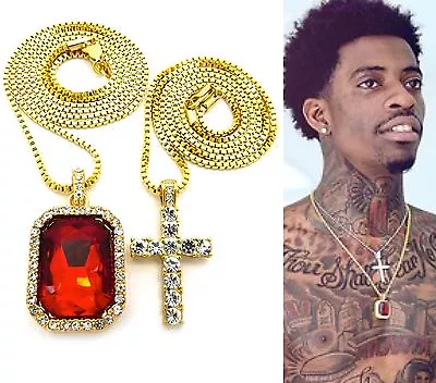 Mens Hip Hop Gold Micro Cross & Red Ruby Square Pendant Chain Necklace • $19.99