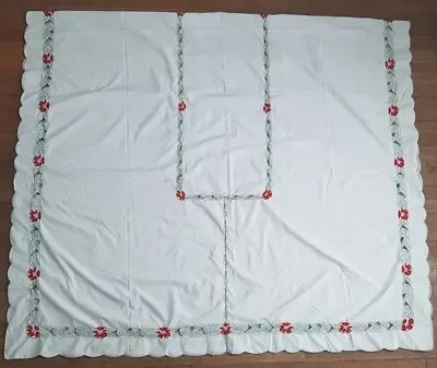 Vintage Embroidered Christmas Tablecloth 115 ×65  With  Poinsettias  And Leaves • $24