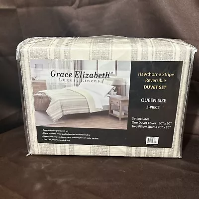 Grace Elizabeth Luxury Linens 3 Piece Hawthorne Stripe Duvet Set Queen Sz. Taupe • $16.98