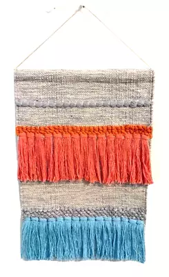 Cotton Boho Macrame Wall Hanging With Coral And Blue Fringe 14  X 28  • $5.95