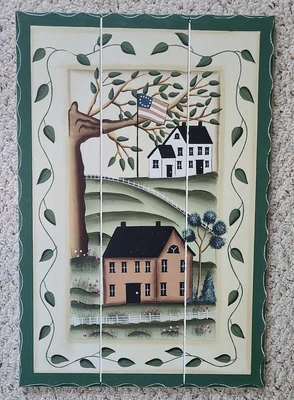 $19.95 • Buy Primitive Folk Art Beadboard Hand Painted Farm Us Flag Pastoral  Plaque Sign 