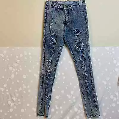 VIP Jeans Size 9/10 Women's Skinny Ripped Low Rise Acid Wash Blue Denim • $10