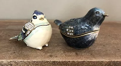 Set Of 2 Enamel Metal Jeweled Bejeweled Blue Birds Hinged Trinket Box Pill Box • $25.99