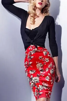 NWOT Vintage WHEELS DOLLBABY Red Provence  Satin Floral Pencil Skirt Sz. 10 • $110