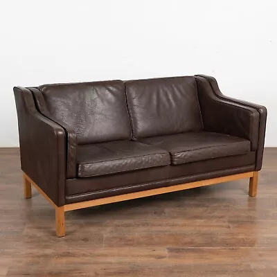 Mid Century Modern Two Seat Brown Leather Sofa Loveseat Denmark Circa 1960 • $2725