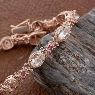 10Ct Oval Cut Morganite & Ruby Diamond Halo Tennis Bracelet 14K Rose Gold Finish • $191.40