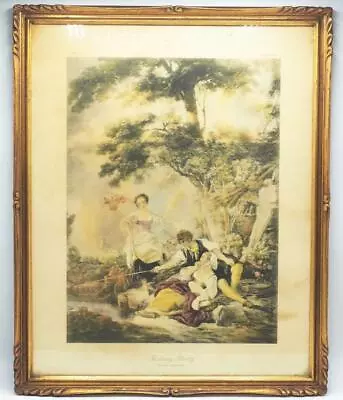 Vintage Francois Boucher Fishing Party Lithograph Print Art Ornate Framed • $108.49