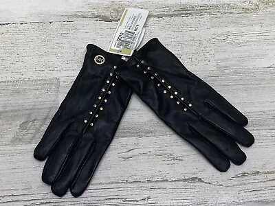 Michael Kors Black Leather Astor Gold Studded Gloves With Touch Tips Large • $48.99