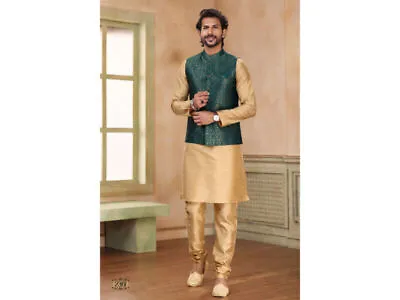 Jacket Nehru Men's Kurta Gold Ethnic Collar Shirt Pajama Clothing Traditional • £90.19