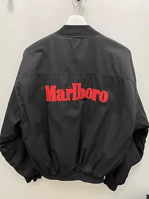 Vintage 90s Marlboro Embroidered Reversible Bomber Jacket Size Large Red Black • $75