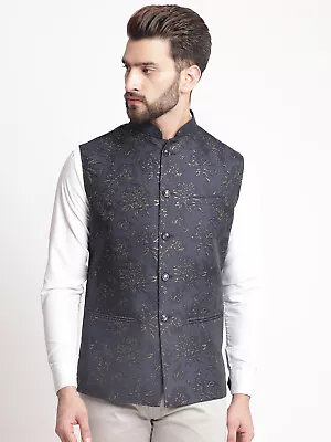 Designer Blue Jacquard Nehru Jacket Indian Traditional Ethnic Jacket For Men • $64.90