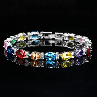 Silver Plated Fashion CZ Tennis Chain Bracelet Blue Crystal Bangles For Women • $8.54