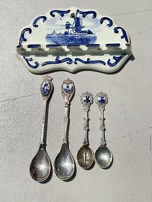 Vintage Delfts Holland 81 Windmill Spoon Holder With 4 Silverplate Spoons • $15