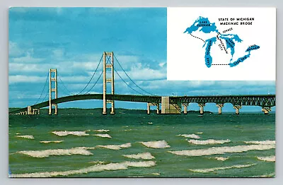 Mackinaw City Michigan Mackinac Bridge Lake Map Inset MI Postcard • $4.35