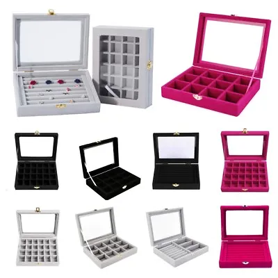 Velvet Glass Jewelry Ring Display Organizer Case Tray Holder Earring Storage Box • £9.99