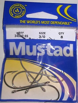 Mustad 34007-SS 3/0 Stainless Steel Fishing Hooks Qty. 8 • $3.50