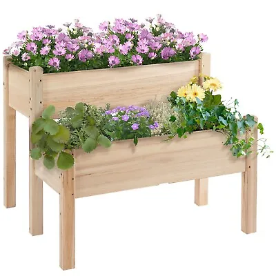 2-Piece Solid Fir Wood Plant Raised Bed  Garden Step Planter Stand Outsunny • £67.99