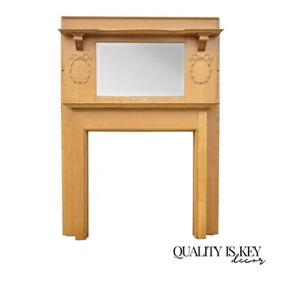 Antique American Victorian Golden Oak Wood Fireplace Mantel With Beveled Mirror • $3200