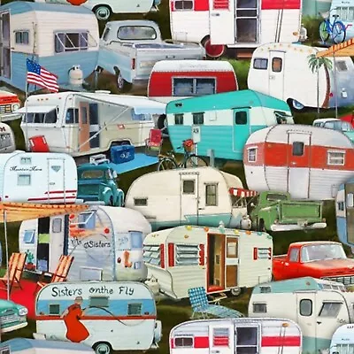 Camper Fabric BTY Multi Vintage Trailers 3505E-MLT Cotton TheFabricEdge • $14.99