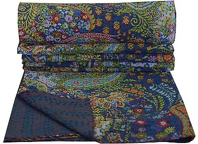 Indian Blue Paisley Reversible Kantha Quilt Handmade Bedspread Twin Size Throw • £39.59