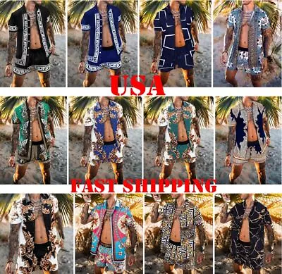 Button Up Shirt Men Fashion Beach Casual Party Outfit Drawstring Shorts SET 2PCS • $34.98