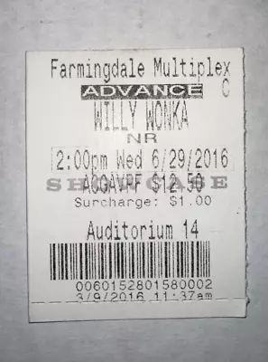 6/29/16 WILLY WONKA Video Movie Ticket Stub Farmingdale Multiplex Auditorium 14 • $18.74