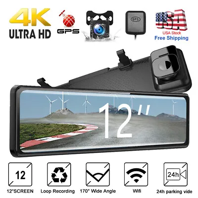 $119.60 • Buy TOGUARD WiFi Dual Dash Cam 4K GPS 12  Mirror Dash Camera Car Rear View Recorder