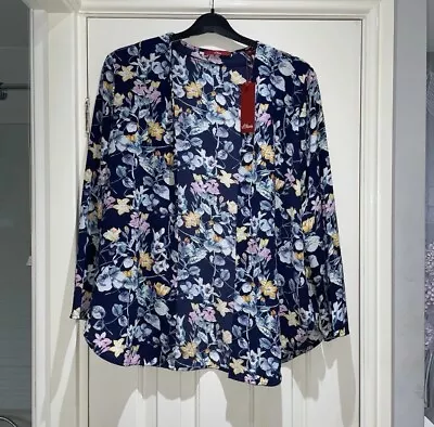 S Oliver Navy Floral Lightweight Kimono Blazer Jacket Floaty NWT Size 14 Summer • $17.39