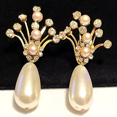 Miriam Haskell Earrings Signed Vintage Gilt Rhinestone Pearl 2-1/2  Dangle A56 • $117.30