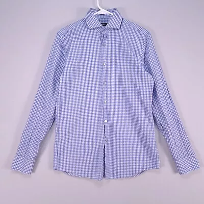 Hugo Boss Shirt Mens 15.5 34/35 Blue White Windowpane Button Up Dress Sharp Fit • $22.99