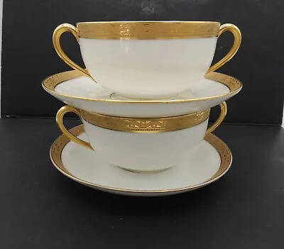 2 T&V Limoges Flat Bouillon Cups Saucers Cream Soup Gold Encrusted France 5947 • $25