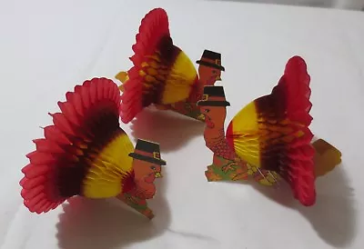 Vintage Lot 3 Thanksgiving  HoneyComb  Turkeys 4 1/4  Tall • $15