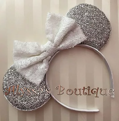 NEW Minnie Mouse Headband Sparkly Silver Ears Big White Sequin Bow BIRTHDAY CUTE • $10.95