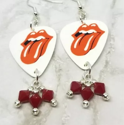 Rolling Stones Emblem White Guitar Pick Earrings With Red Swarovski Dangles • $7