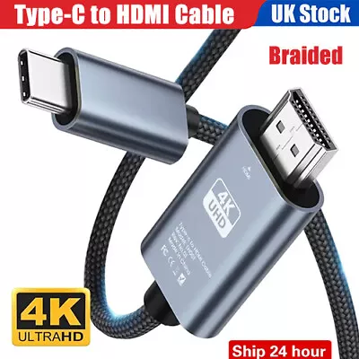 USB C Type C To HDMI Adapter Converter 4K HDTV Cable For HUAWEI Samsung Braided • £7.89