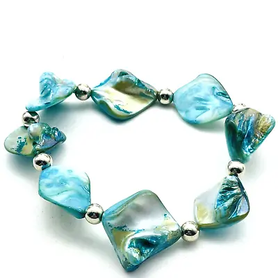 Abalone Shell Stretch Bracelet Twisted Blue Silver Tone Simulated Pearl Beach • $9.99