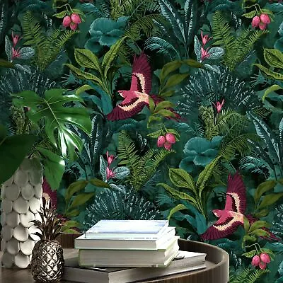 Rasch Tropical Jungle Rainforest Birds Leaves Green Teal Wallpaper 214727 • £10.79