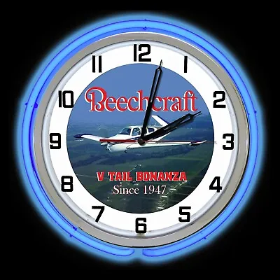 Beechcraft Bonanza V Tail 15  Blue Double Neon Clock Airplane Aircraft • $205.53