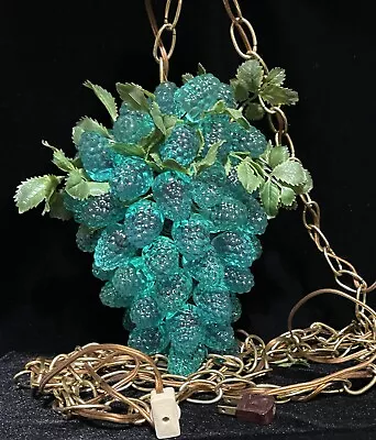 Vintage MCM Blue Cluster Berry Lucite Retro Hanging Swag Lamp Goldtone Chain • $225