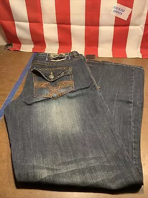 Vintage Machine Jeans 34x32 Embroidered Flap Pockets Distressed • $24.95
