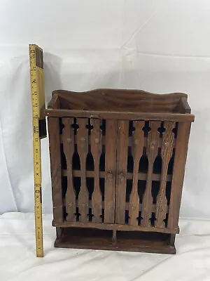 Vintage Wooden Kitchen Spice Rack With 2 Doors 2 Shelves Dark Wood Slats Hanging • $25.99