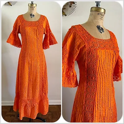 1970s Mexican Pintuck Bell Sleeve Maxi Dress Crochet Sheer Panels Holiday VTG • $130